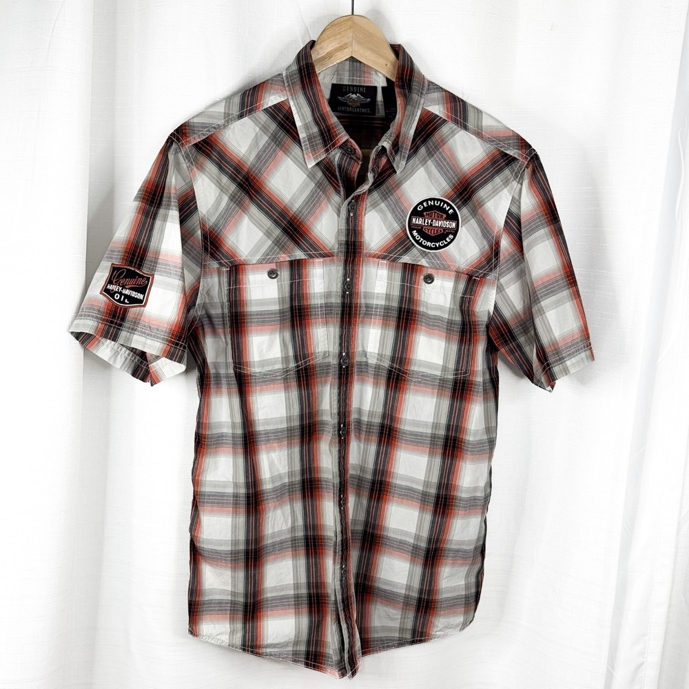 Harley Davidson Motorcycles Shirt Mens Medium Plaid Button Up Short Sleeve Patch